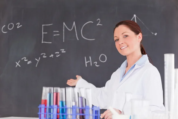 Cute scientist showing the equations on a blackboard — Stock Photo, Image