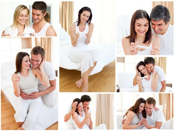 Колаж пар, що обіймаються після позитивного тесту на вагітність — стокове фото