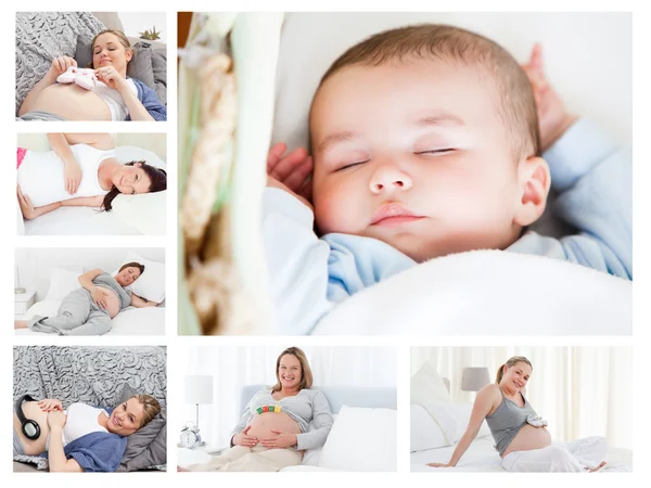 Photos of pregnant women surrounding a baby — Stock Photo, Image