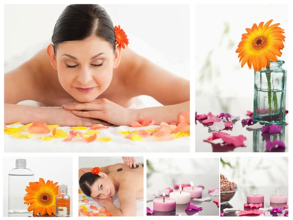 Koláž krásné ženy při příjmu masáž relaxační — Stock fotografie