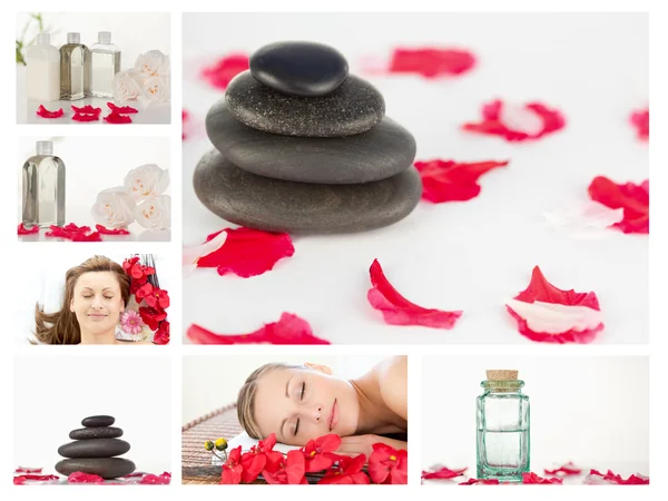 Collage of beautiful women relaxing while lying — Stock Photo, Image