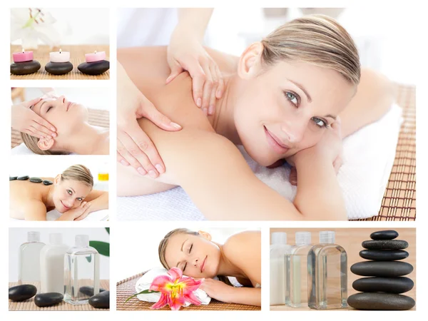 Collage of a beautiful blond woman receiving a massage — Stock Photo, Image