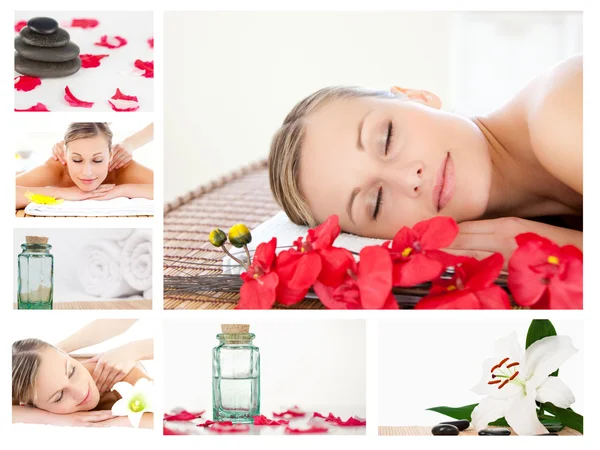 Collage de una encantadora mujer rubia relajándose — Foto de Stock