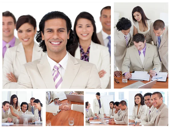 Коллаж улыбающихся бизнесменов в разных ситуациях — стоковое фото