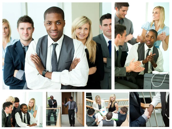 Collage van gelukkig ondernemers in verschillende situaties — Stockfoto