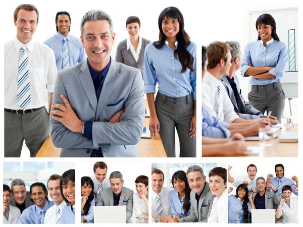 Collage de empresarios contentos en diferentes situaciones — Foto de Stock