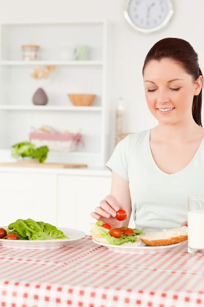Cute woman ready to eat a sandwich for lunch — Stock Photo, Image
