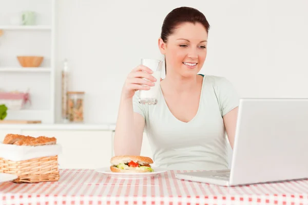 Smiling woman relaxing on her laptop while drinking a glass of m — Stock Photo, Image