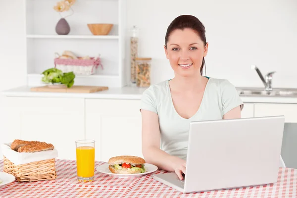 Goed ogende vrouw poseren terwijl u ontspant met haar laptop op lunc — Stockfoto