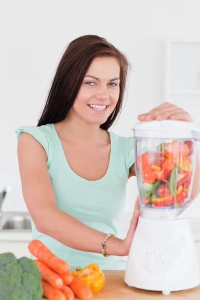 Charming dark haired woman using a blender — Stock Photo, Image