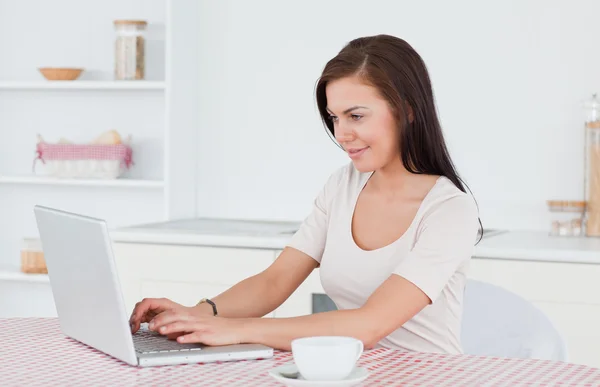 Молода жінка використовує свій ноутбук і чай — стокове фото