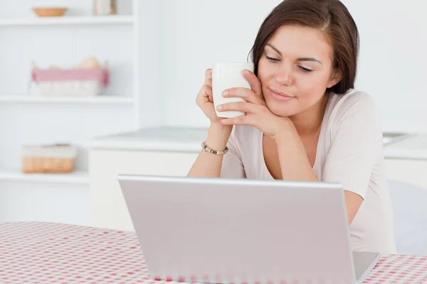 Cute dark-haired woman using her laptop and having a tea — Stock Photo, Image