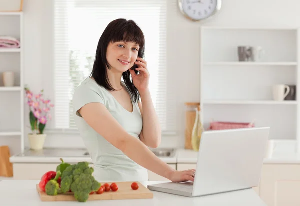 Hübsche brünette Frau am Telefon, während sie sich mit ihrem Lapto entspannt — Stockfoto