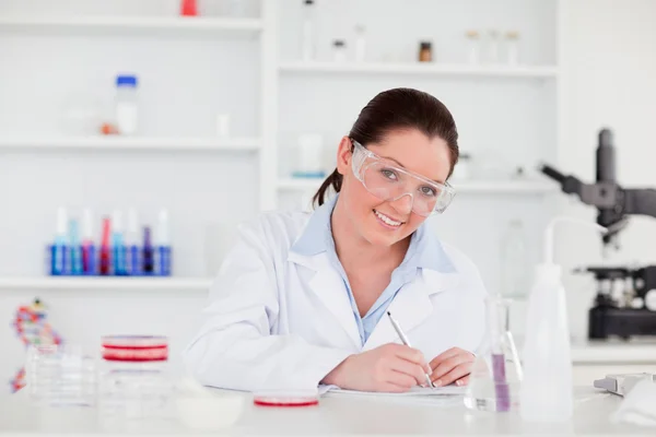 Young scientist preparing her report looking at the camera Royalty Free Stock Images