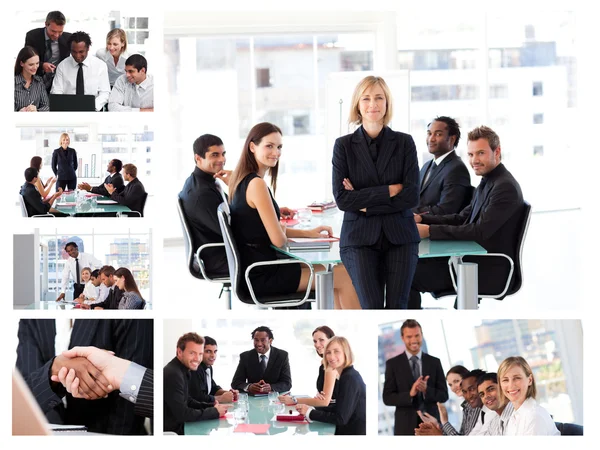 Collage of businesspeople in different situations posing Stock Picture