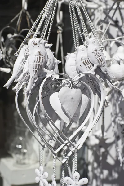 White hearts and birds as decoration objects — Stock Photo, Image