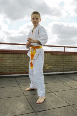 Judoka teen boy training judo on the sky background clipart