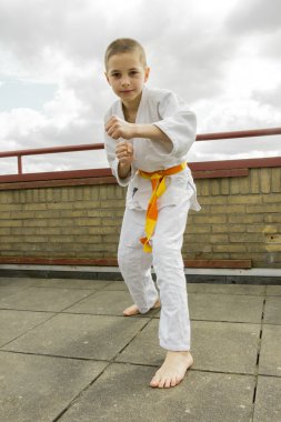Judoka teen boy training judo on the sky background clipart