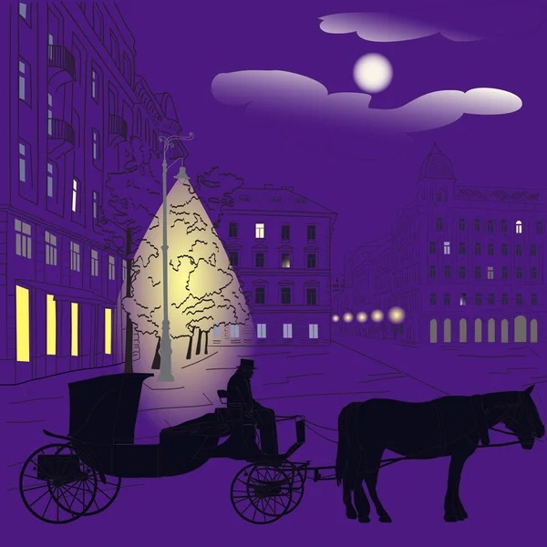 Horse Carriage at night city — Stock Vector