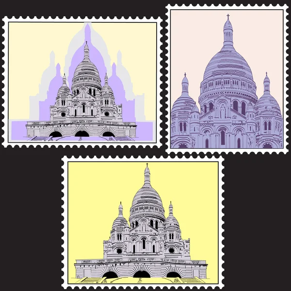 Набор почтовых марок с Sacre Coeur Fellica в Париже, Франция — стоковый вектор