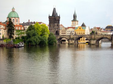 Prague and Vltava at twilight clipart