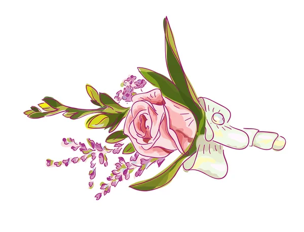 Boutonniere with a pink rose, meadow flowers and bow. — Stock Vector