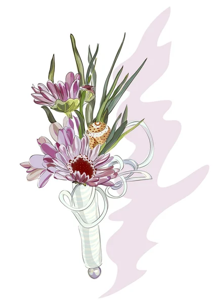 Boutonniere s růžovým chryzantéma a shell. — Stockový vektor