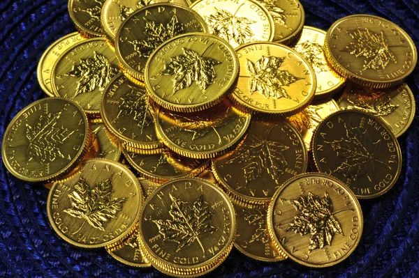 Monete d'oro su sfondo blu — Foto Stock