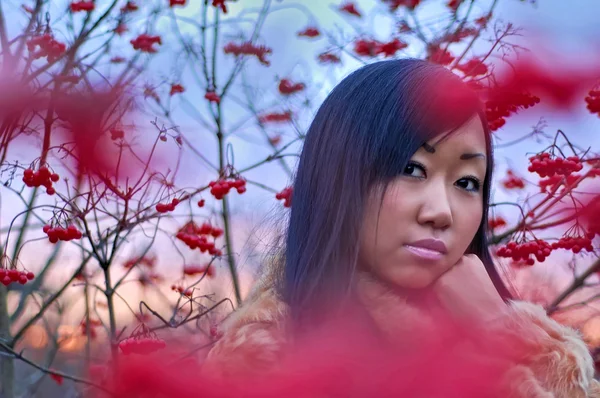 Piękna kobieta Azji w pobliżu jagoda — Zdjęcie stockowe