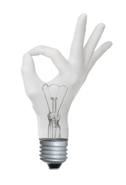 OK hand gesture lamp bulb — Stock Photo, Image