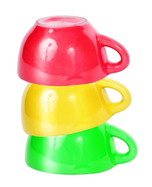 Variation von drei Tassen in verschiedenen Farben isoliert auf weißem Bac — Stockfoto