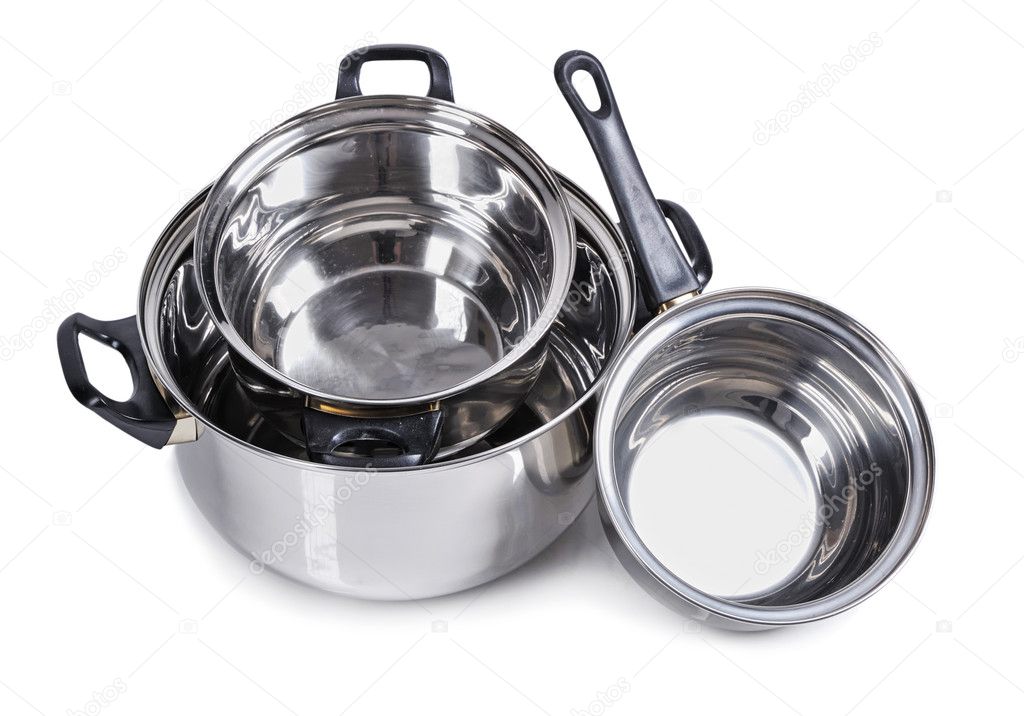 Set of metallic silver pan isolated on white