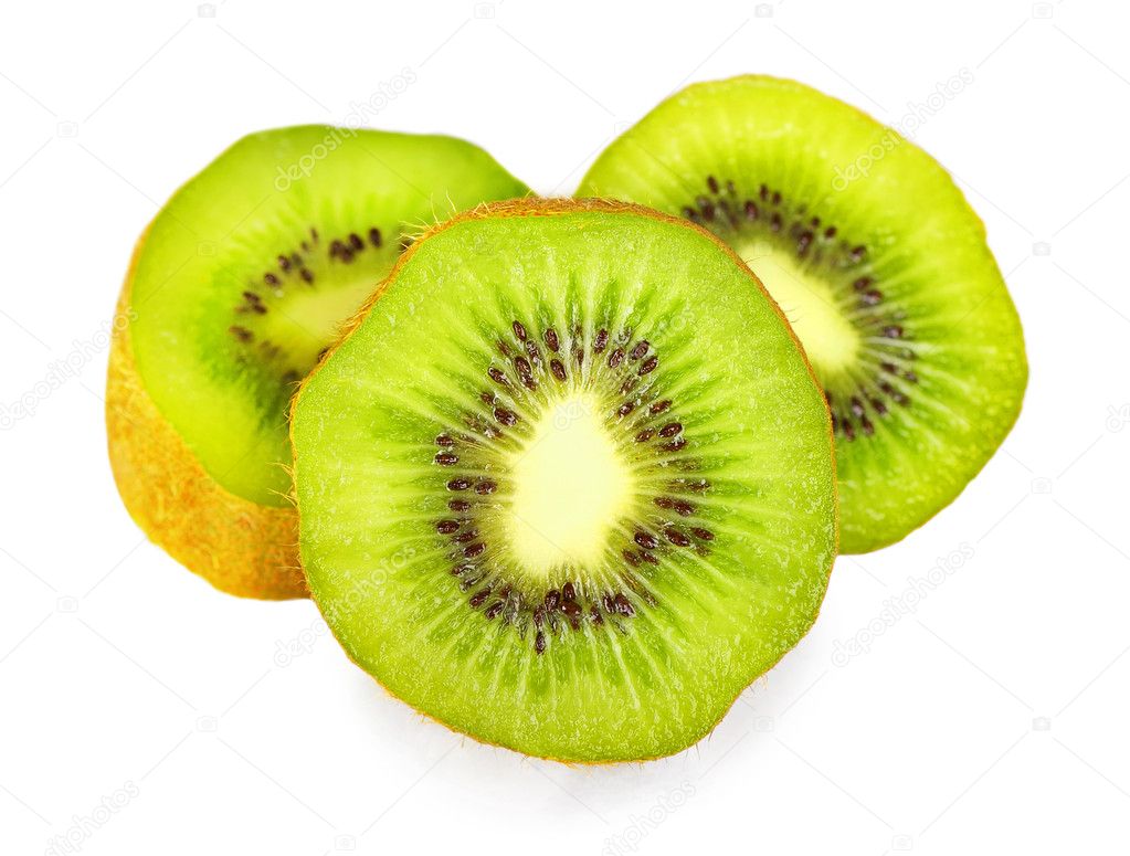 Group of ripe kiwi slices isolated on white background