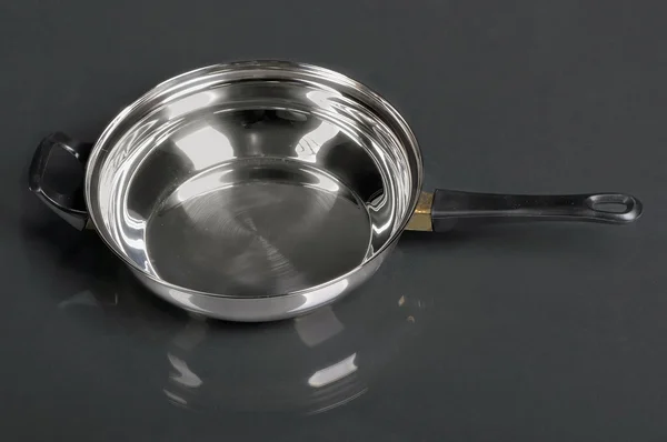 Metallic frying pan on the black background — Stock Photo, Image
