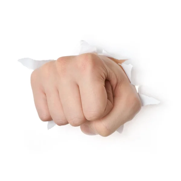 Mão perfurando através de papel — Fotografia de Stock