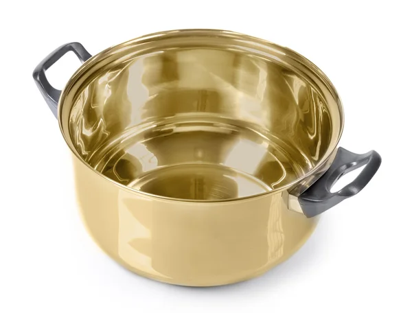 Золотая сковорода на белом — стоковое фото