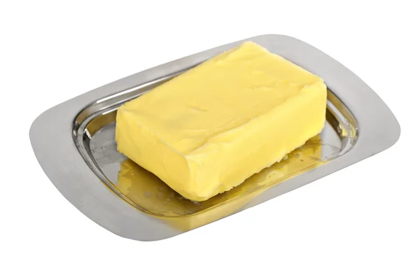 Butter on silver butter dish — Stock Photo, Image