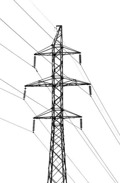 Hoogspanning elektriciteitsleiding op witte geïsoleerde achtergrond — Stockfoto
