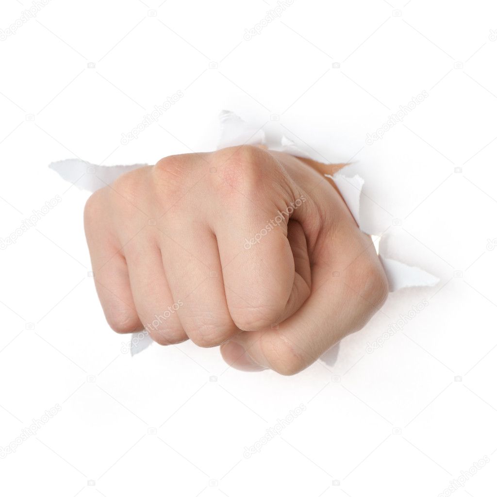 Hand punching through paper