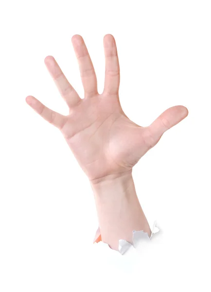 stock image Hand punching through white paper