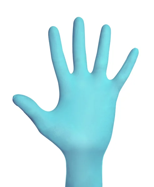 Gesto de mão em luva azul — Fotografia de Stock