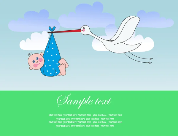 Stork heeft een kind in de wolken. vectorillustratie — Stockvector