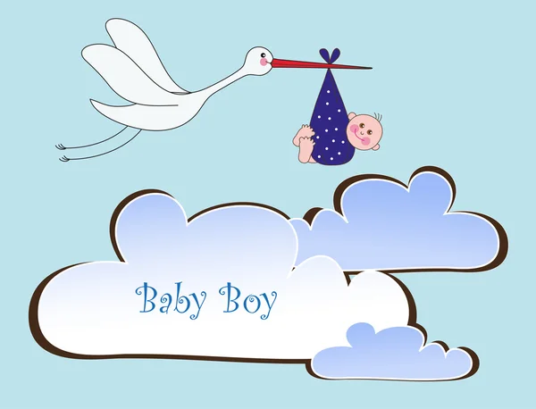 Storch hat ein Kind in den Wolken. Vektorillustration — Stockvektor