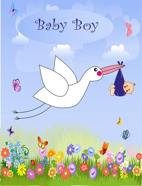 Stork tem uma criança nas nuvens. ilustração vetorial — Vetor de Stock