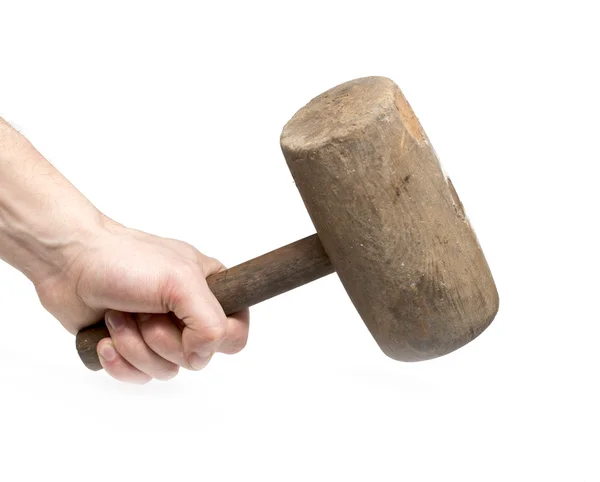 Old wood hammer in hand work on a white background — Stock Photo, Image