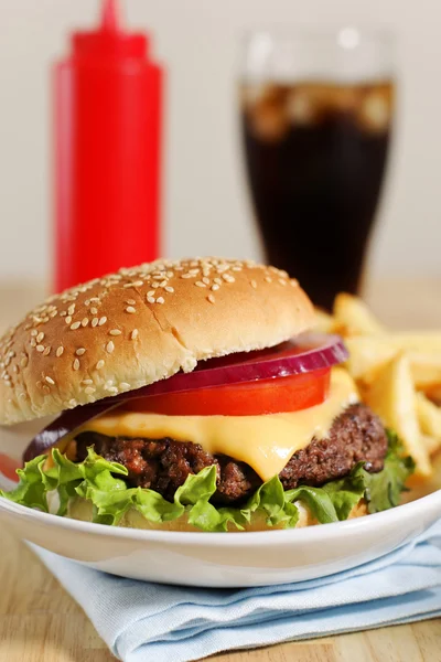 Cheeseburger met friet — Stockfoto