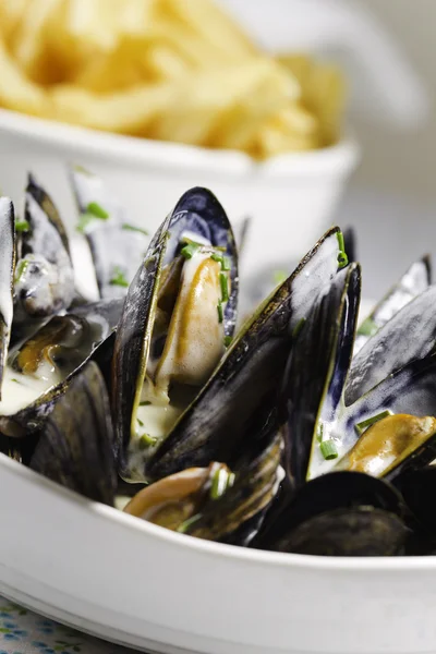Mussel seafood and french frie — Stock Photo, Image