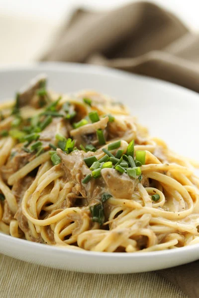 Duck pasta with mushroom sauce — Stock Photo, Image