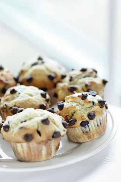 Chocolate chip muffin on plate — Stock Photo, Image