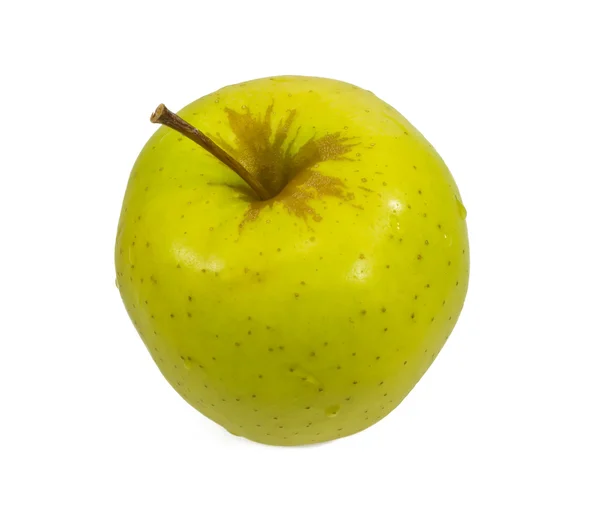 Groene appel met druppels dauw op een witte achtergrond — Stockfoto